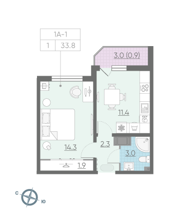 Однокомнатная квартира 33.8 м²