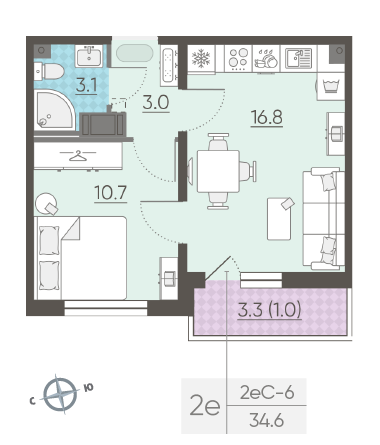 Однокомнатная квартира 34.6 м²