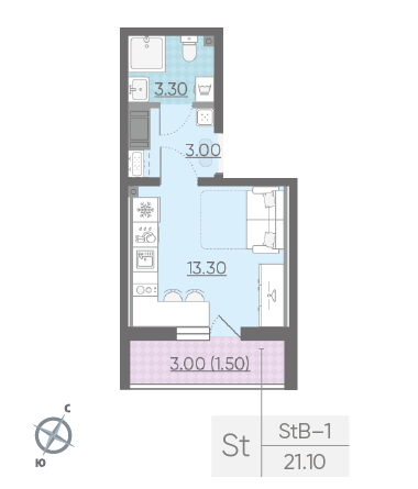 Студия 21.1 м²