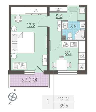 Однокомнатная квартира 35.6 м²
