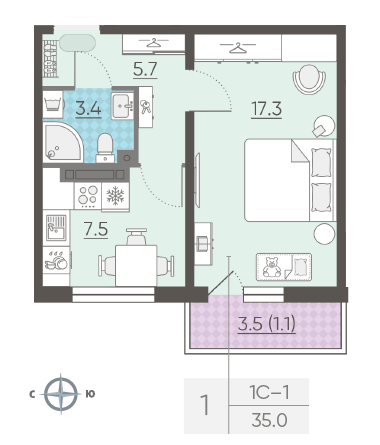 Однокомнатная квартира 35 м²