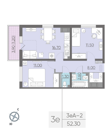 Двухкомнатная квартира 52.3 м²