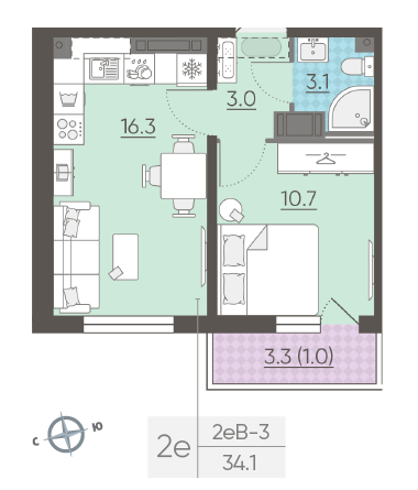 Однокомнатная квартира 34.1 м²
