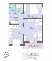 Двухкомнатная квартира 49.4 м²