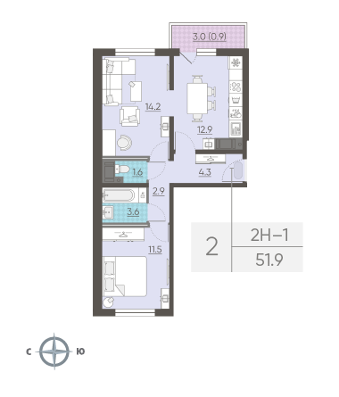 Двухкомнатная квартира 51.9 м²