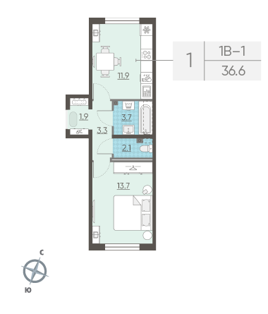 Однокомнатная квартира 36.6 м²