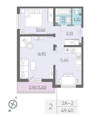 Двухкомнатная квартира 49.5 м²