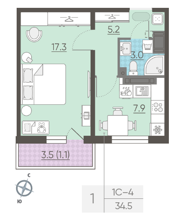 Однокомнатная квартира 34.5 м²