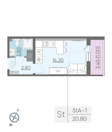 Студия 20.8 м²