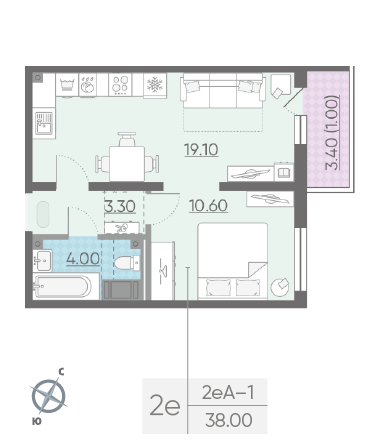 Однокомнатная квартира 38 м²