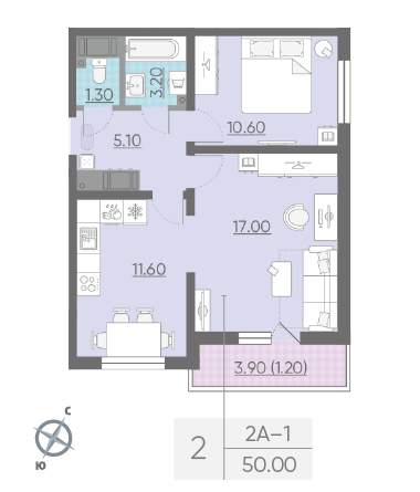 Двухкомнатная квартира 50 м²