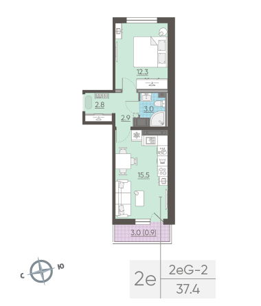 Однокомнатная квартира 37.4 м²