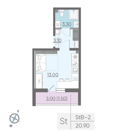 Студия 20.9 м²