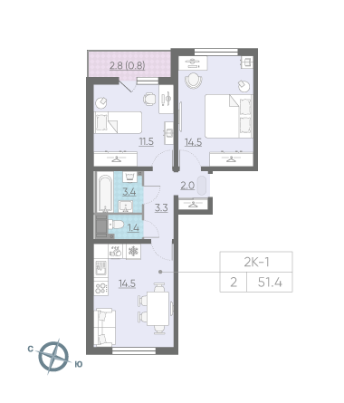 Двухкомнатная квартира 51.4 м²
