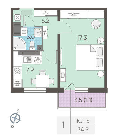 Однокомнатная квартира 34.5 м²