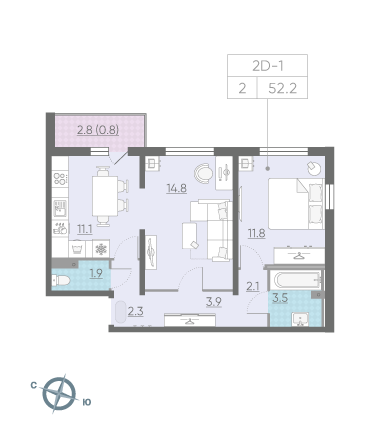 Двухкомнатная квартира 52.2 м²