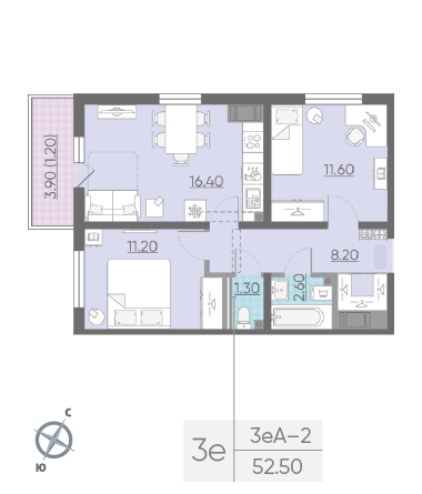 Двухкомнатная квартира 52.5 м²