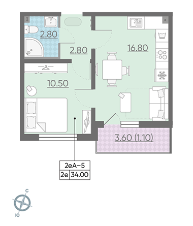 Однокомнатная квартира 34 м²