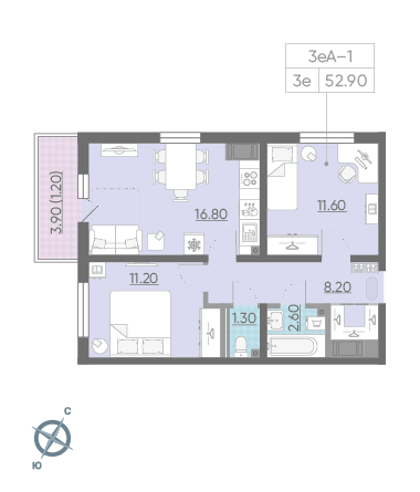 Двухкомнатная квартира 52.9 м²
