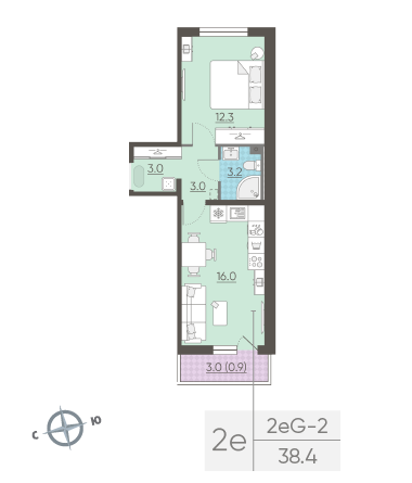 Однокомнатная квартира 38.4 м²