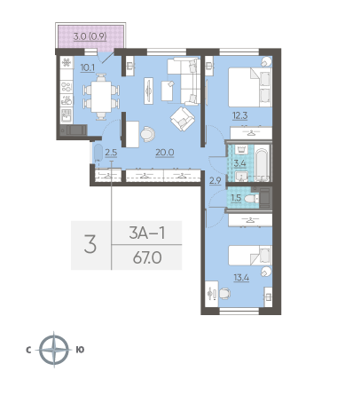 Трёхкомнатная квартира 67 м²