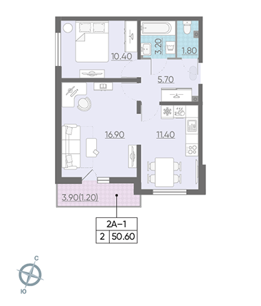 Двухкомнатная квартира 50.6 м²