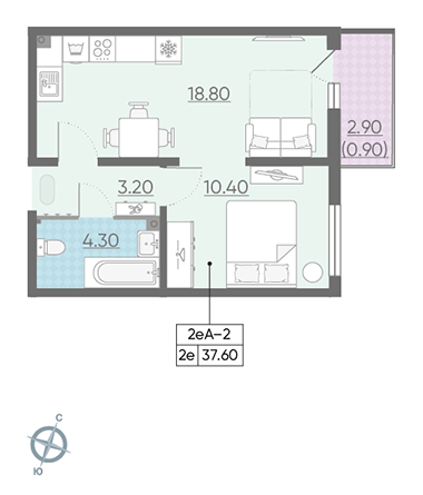 Однокомнатная квартира 37.6 м²