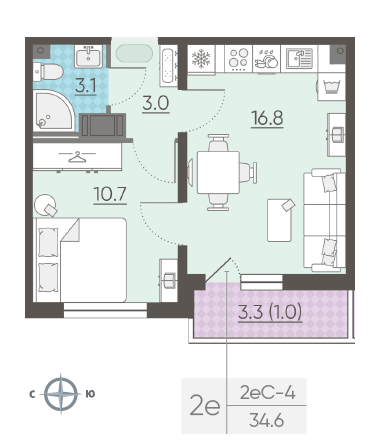Однокомнатная квартира 34.6 м²