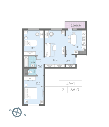Трёхкомнатная квартира 66 м²