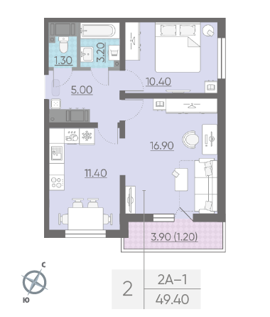 Двухкомнатная квартира 49.4 м²