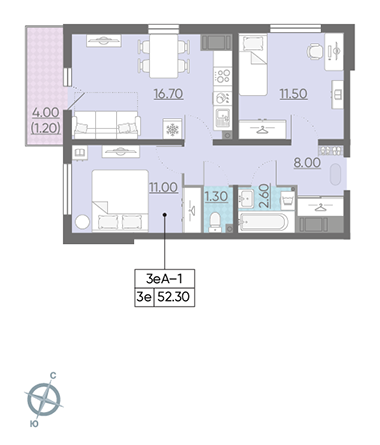 Двухкомнатная квартира 52.3 м²