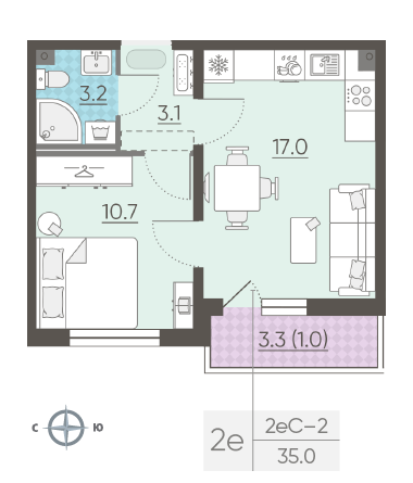 Однокомнатная квартира 35 м²