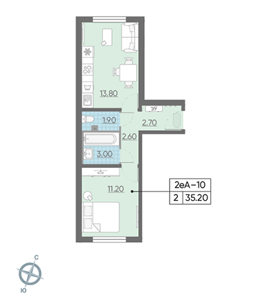 Однокомнатная квартира 35.2 м²