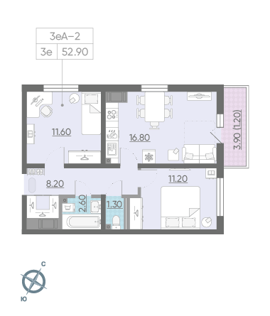 Двухкомнатная квартира 52.9 м²