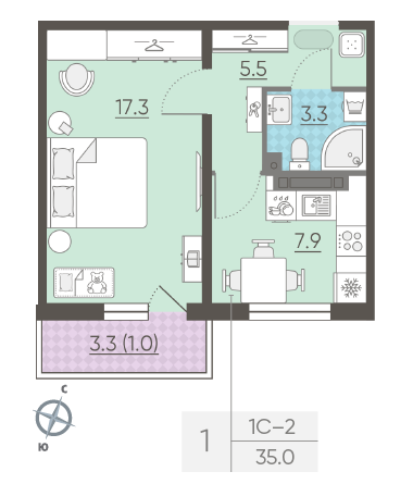 Однокомнатная квартира 35 м²