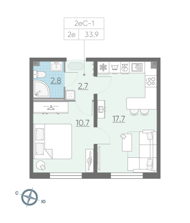 Однокомнатная квартира 33.9 м²