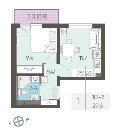 Однокомнатная квартира 29.6 м²