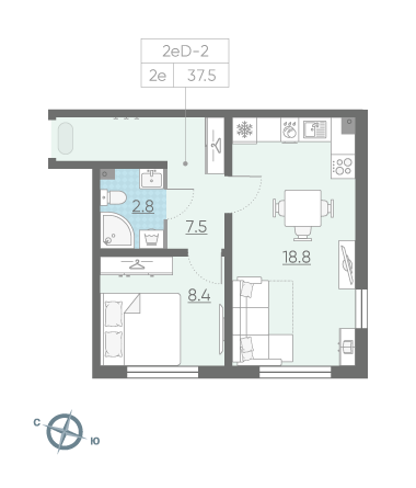 Однокомнатная квартира 37.5 м²
