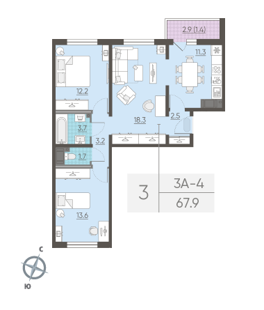 Трёхкомнатная квартира 67.9 м²
