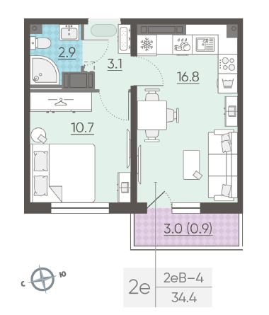 Однокомнатная квартира 34.4 м²