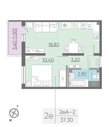 Однокомнатная квартира 37.3 м²