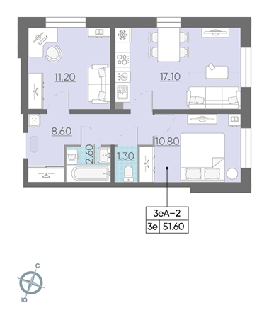 Двухкомнатная квартира 51.6 м²
