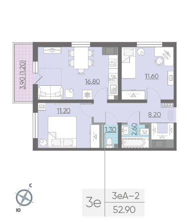 Двухкомнатная квартира 52.9 м²