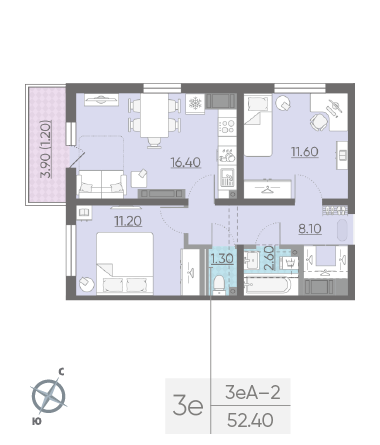Двухкомнатная квартира 52.4 м²