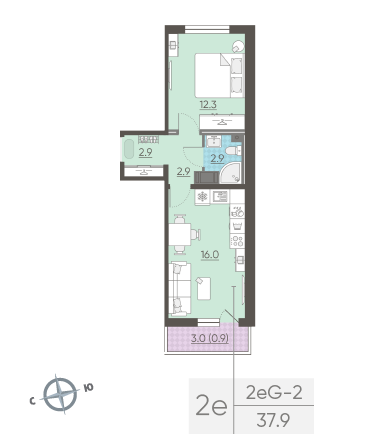 Однокомнатная квартира 37.9 м²