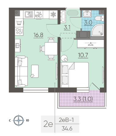 Однокомнатная квартира 34.6 м²