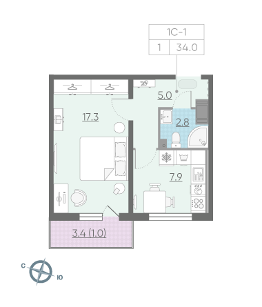 Однокомнатная квартира 34 м²