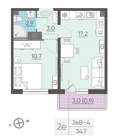 Однокомнатная квартира 34.7 м²