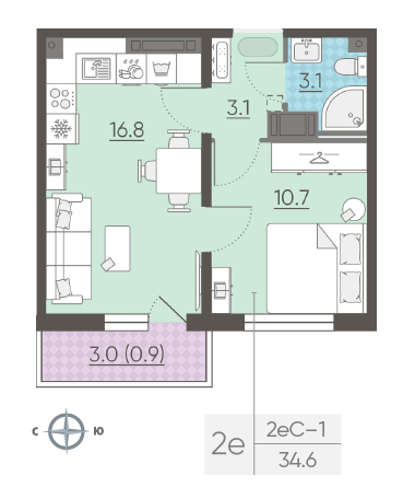 Однокомнатная квартира 34.6 м²
