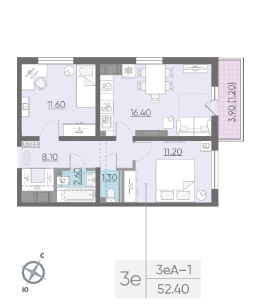 Двухкомнатная квартира 52.4 м²